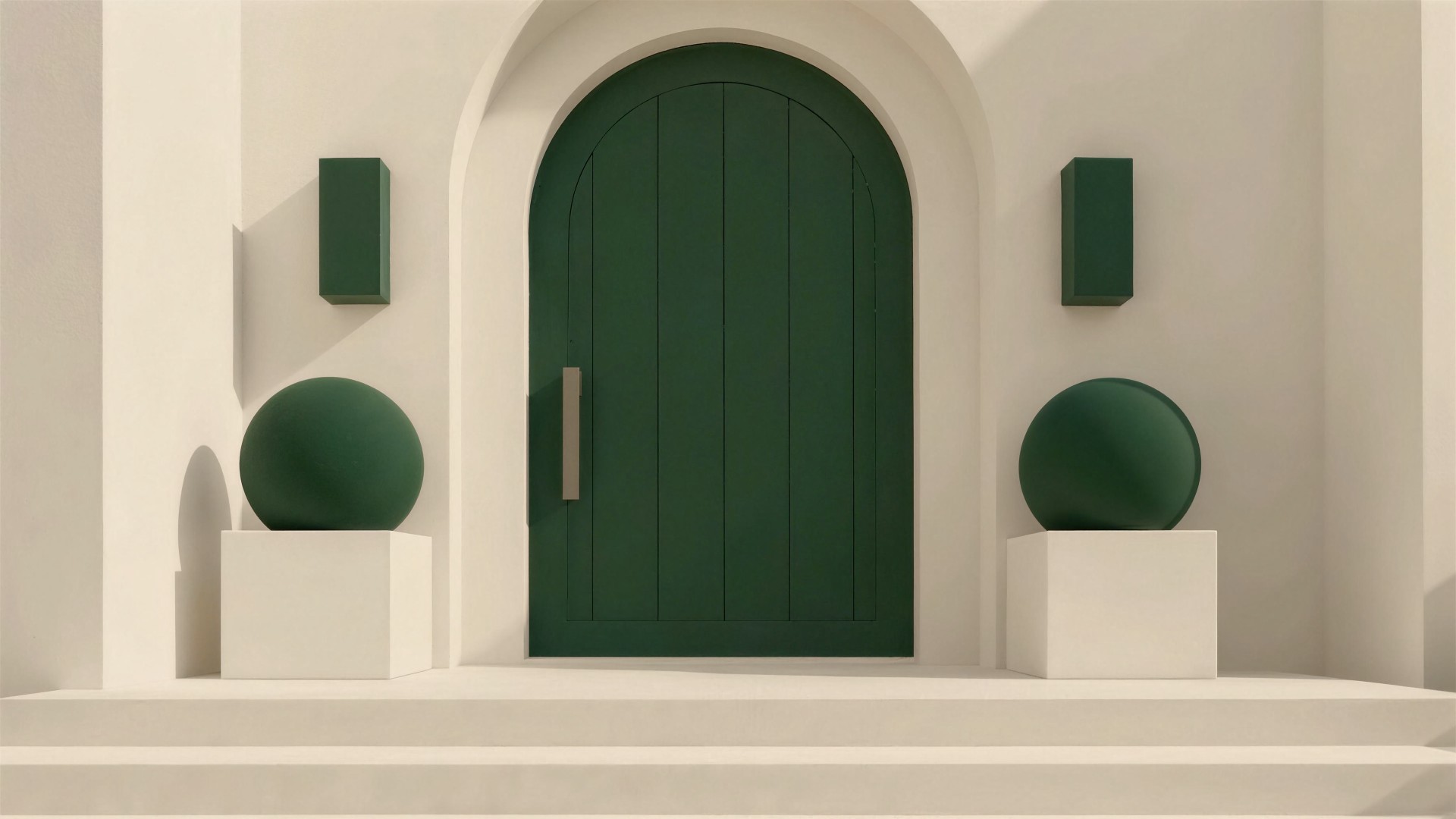 The arched green front door, flanked by topiary balls in cream planters and green wall lights.