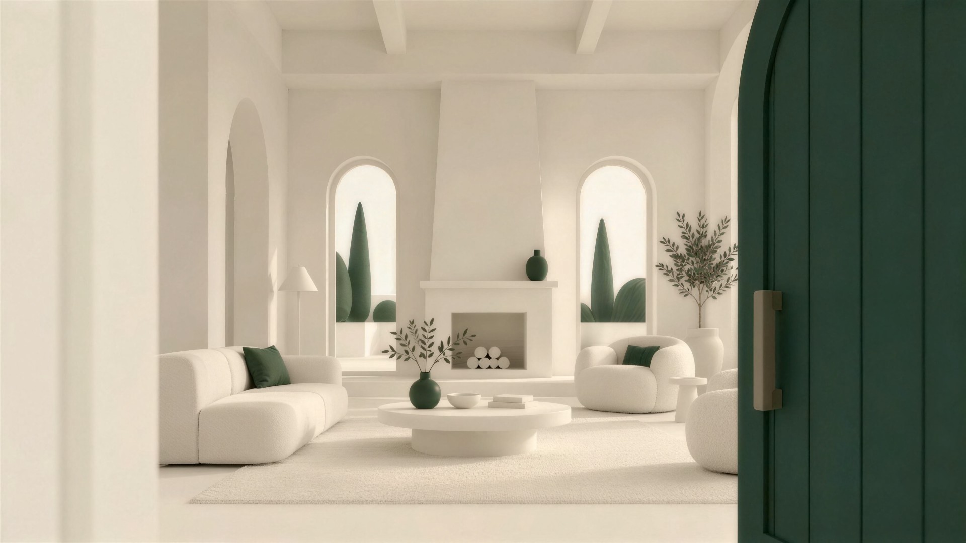 The front door swung open onto a bright living room with curved cream furniture and a fireplace.