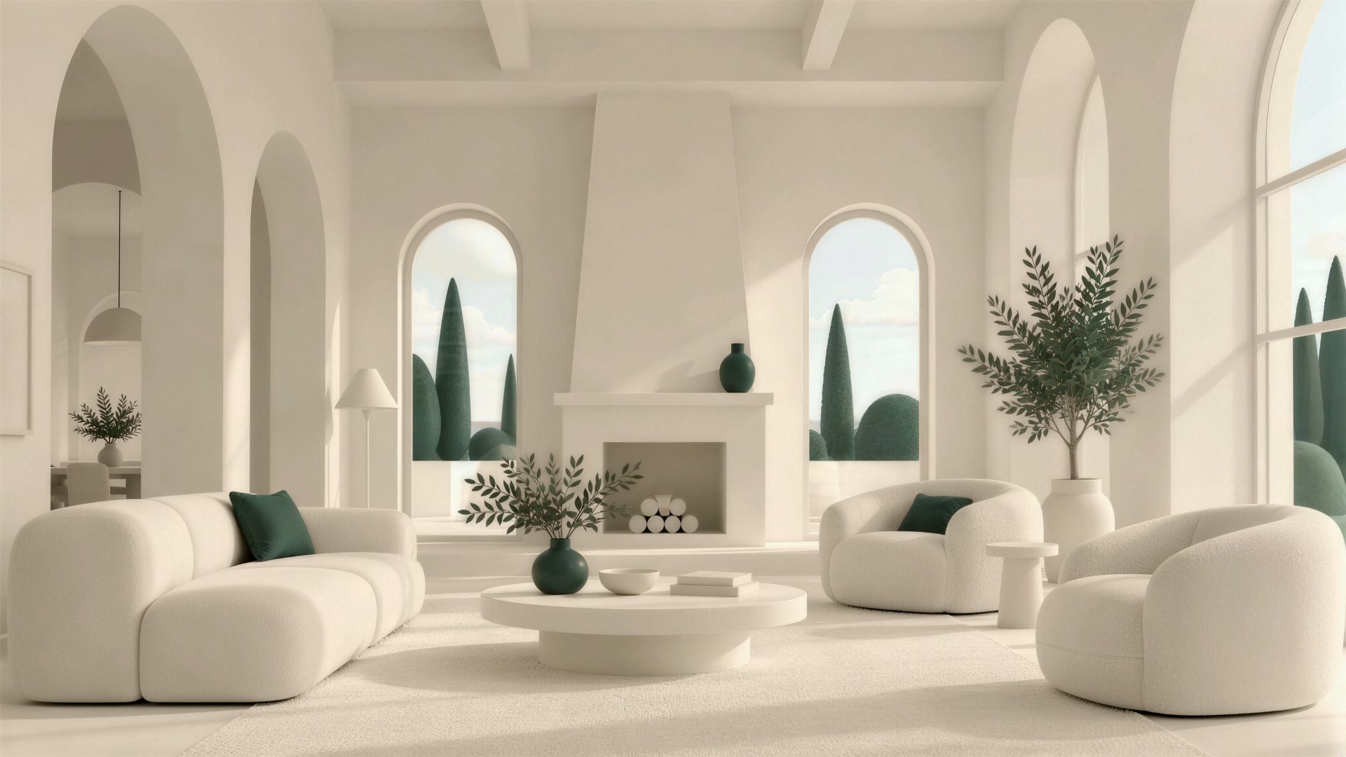 A calm living room: a curved cream sofa, a round coffee table with a green vase, a tall fireplace and arched windows onto cypress trees.