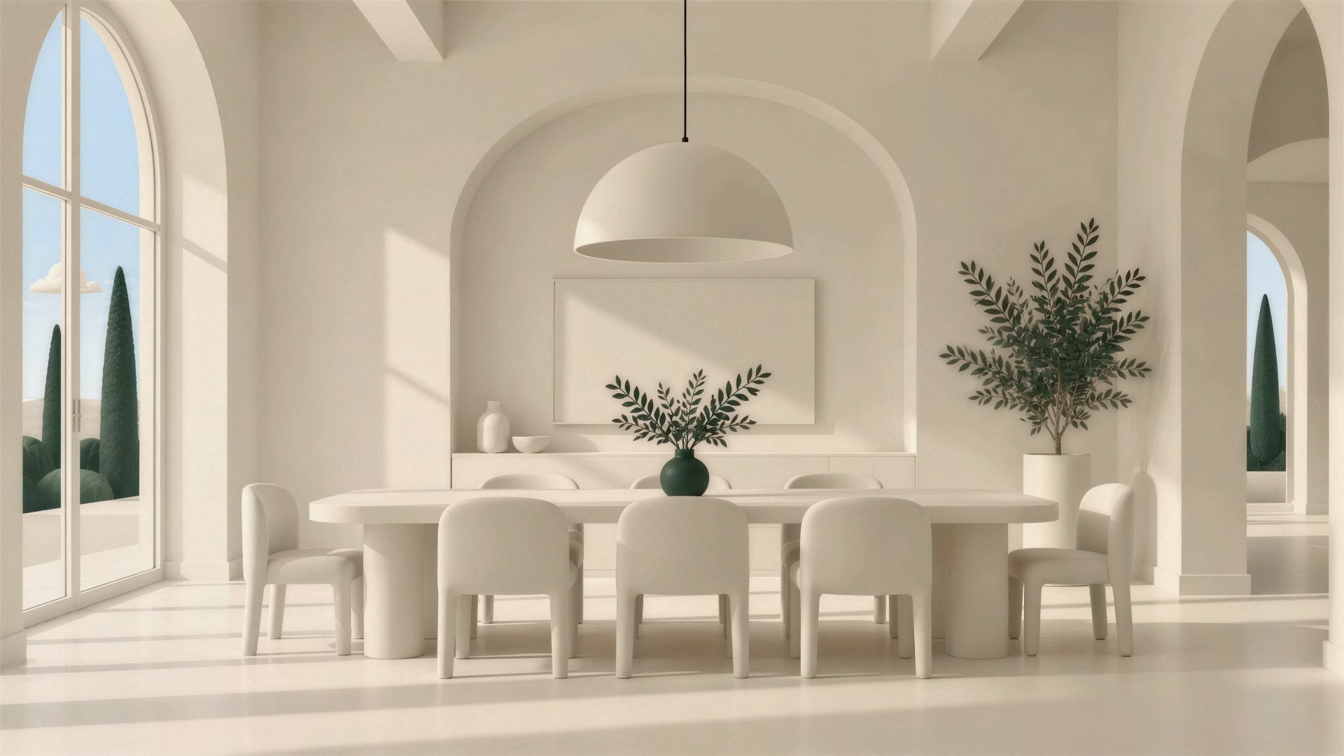 A dining room with a long cream table, rounded chairs and a dome pendant beneath an arched niche.