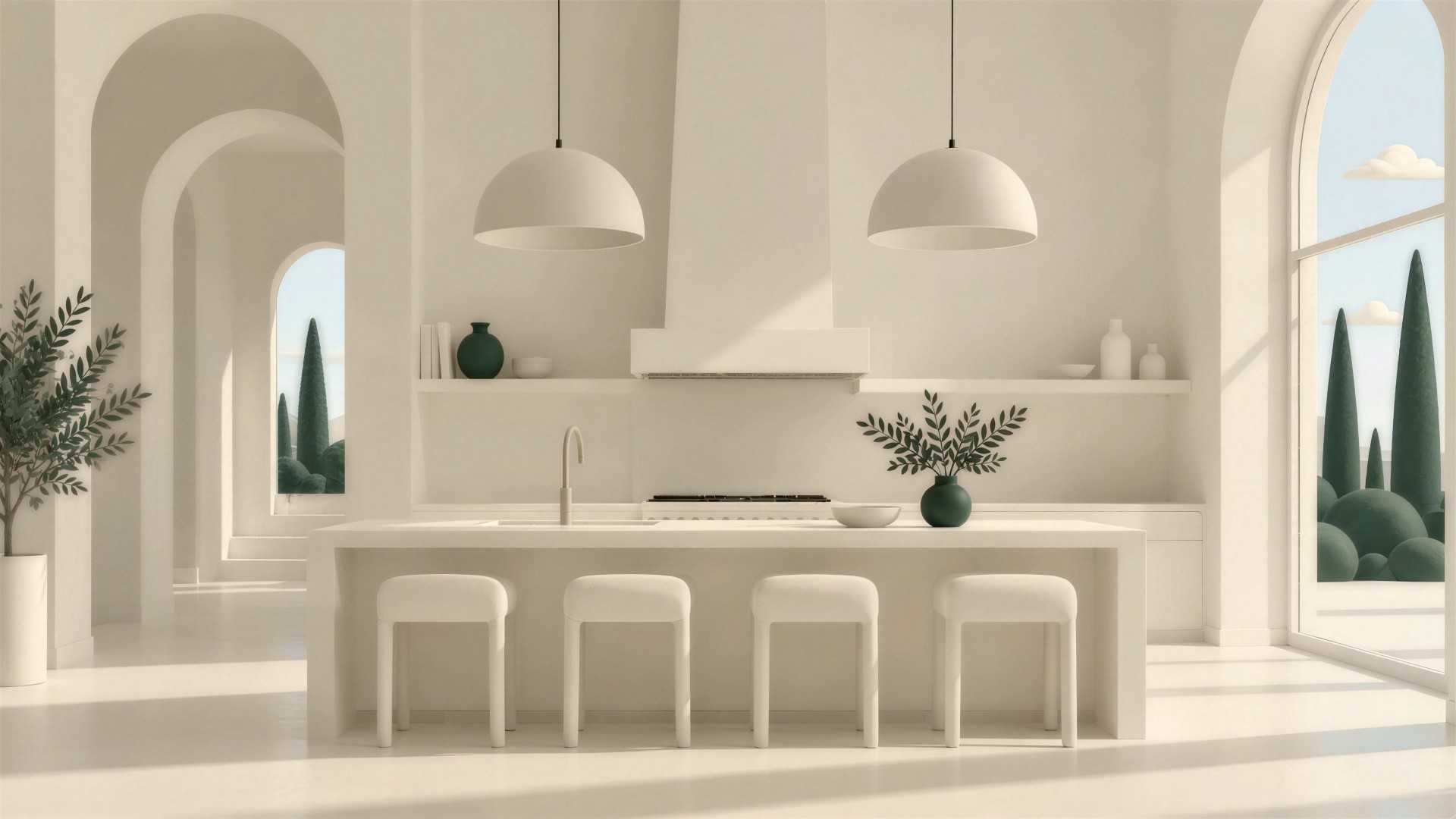 A minimalist kitchen with a long cream island, four stools and two dome pendants, beside an arched window onto cypress trees.