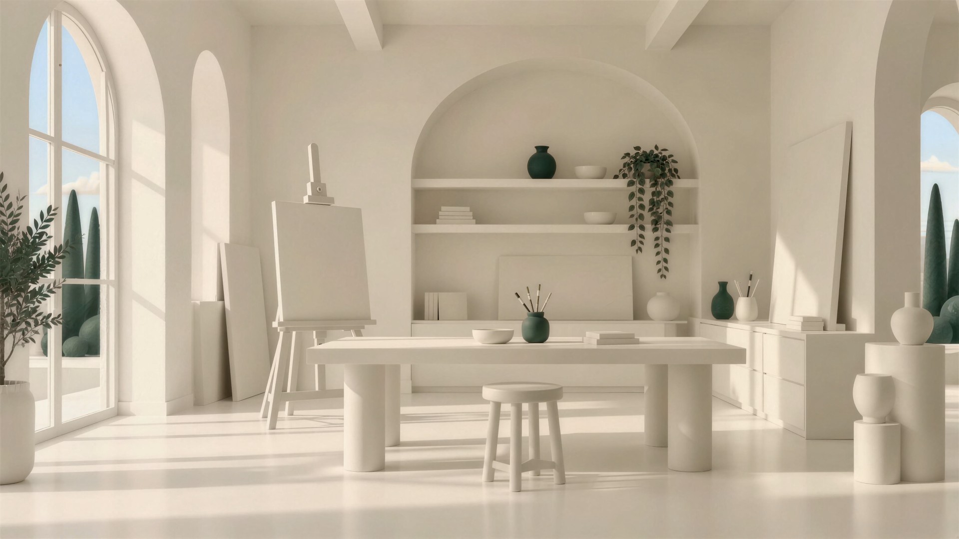 A sunlit art studio with a blank canvas on an easel, a long work table and an arched shelving niche.