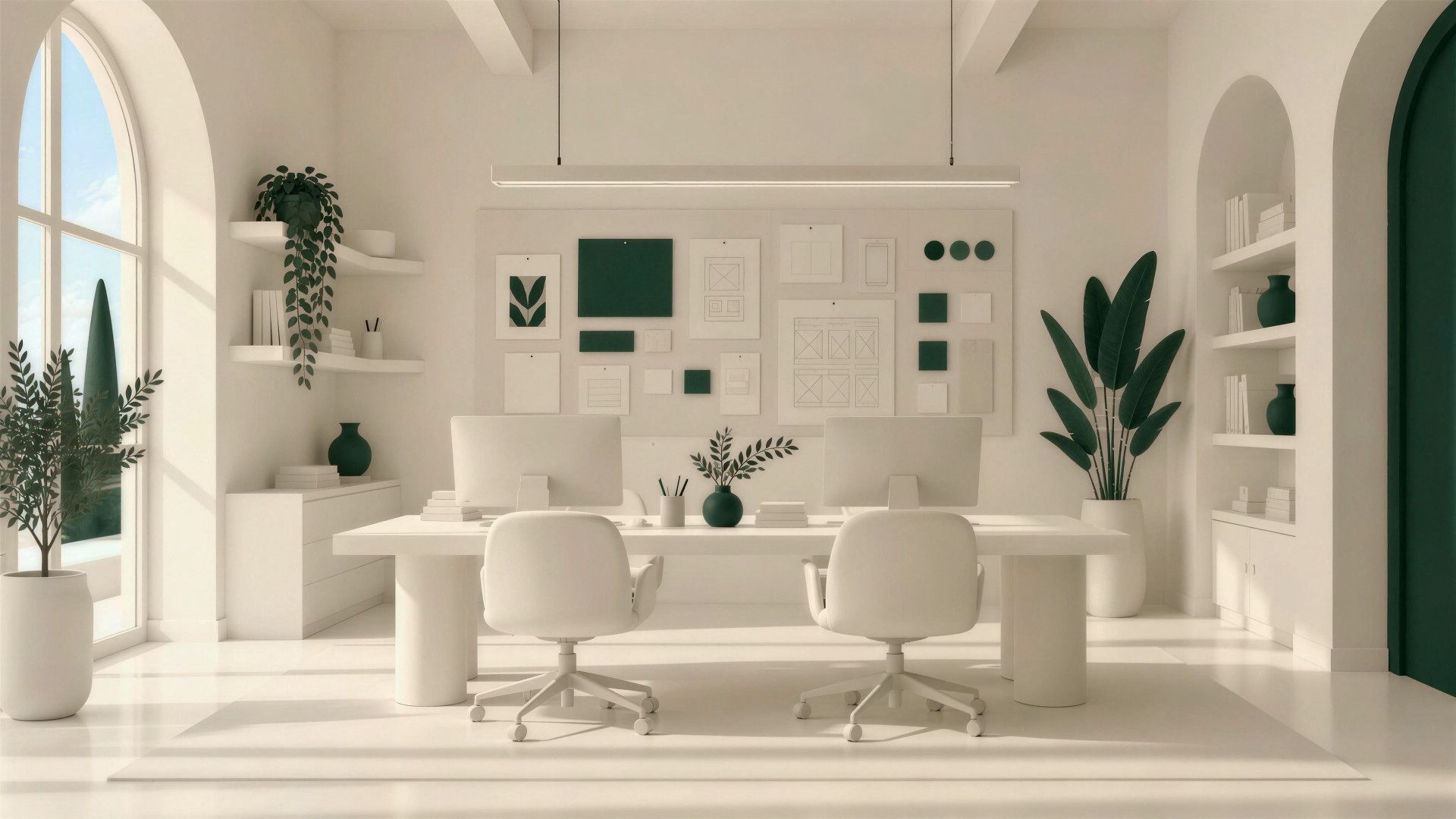 A design studio with two monitors on a long desk and a pinboard wall of wireframes and green swatches.
