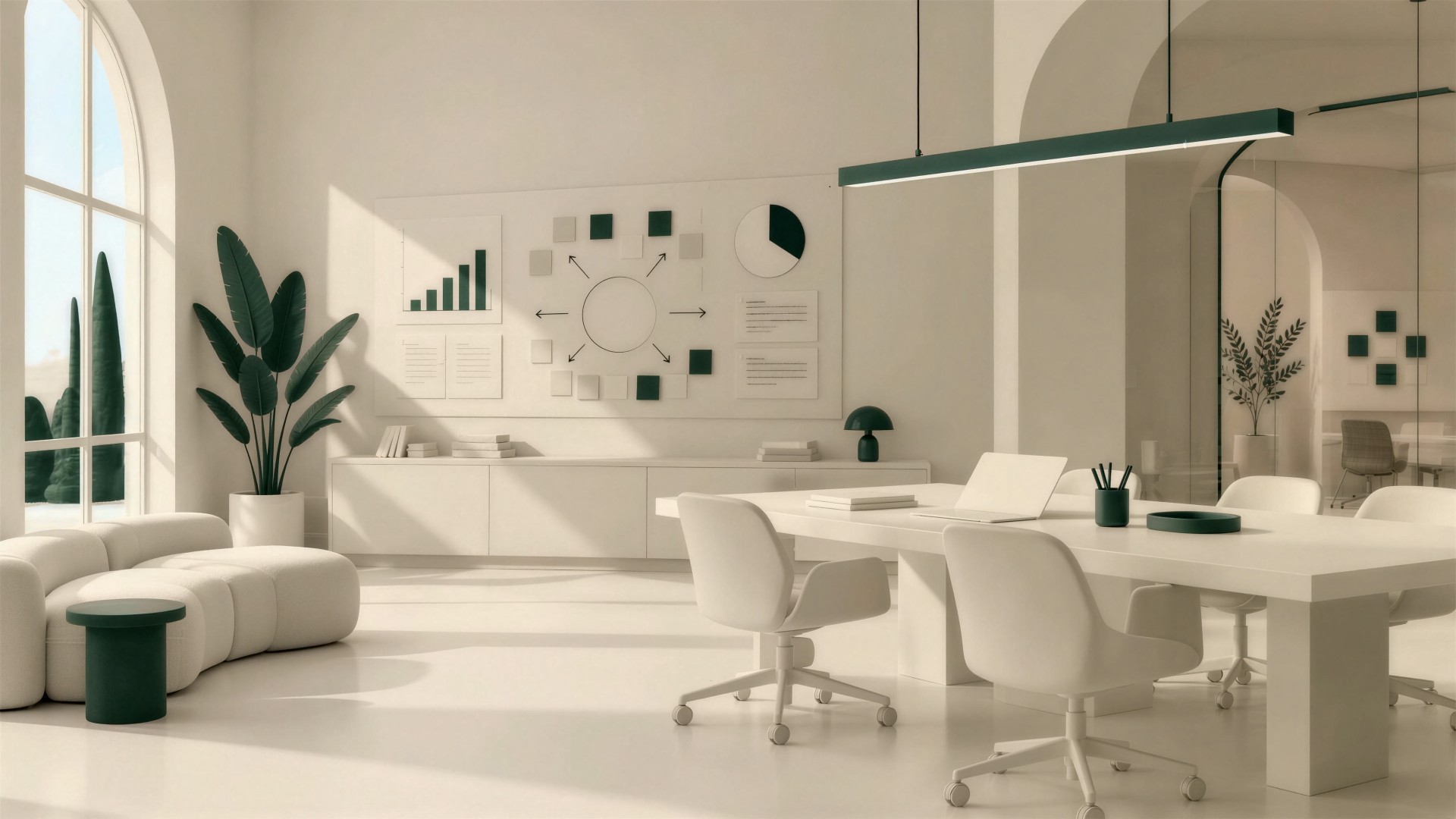 A strategy room with a long meeting table, a wall of charts and diagrams, and a curved sofa by a tall arched window.