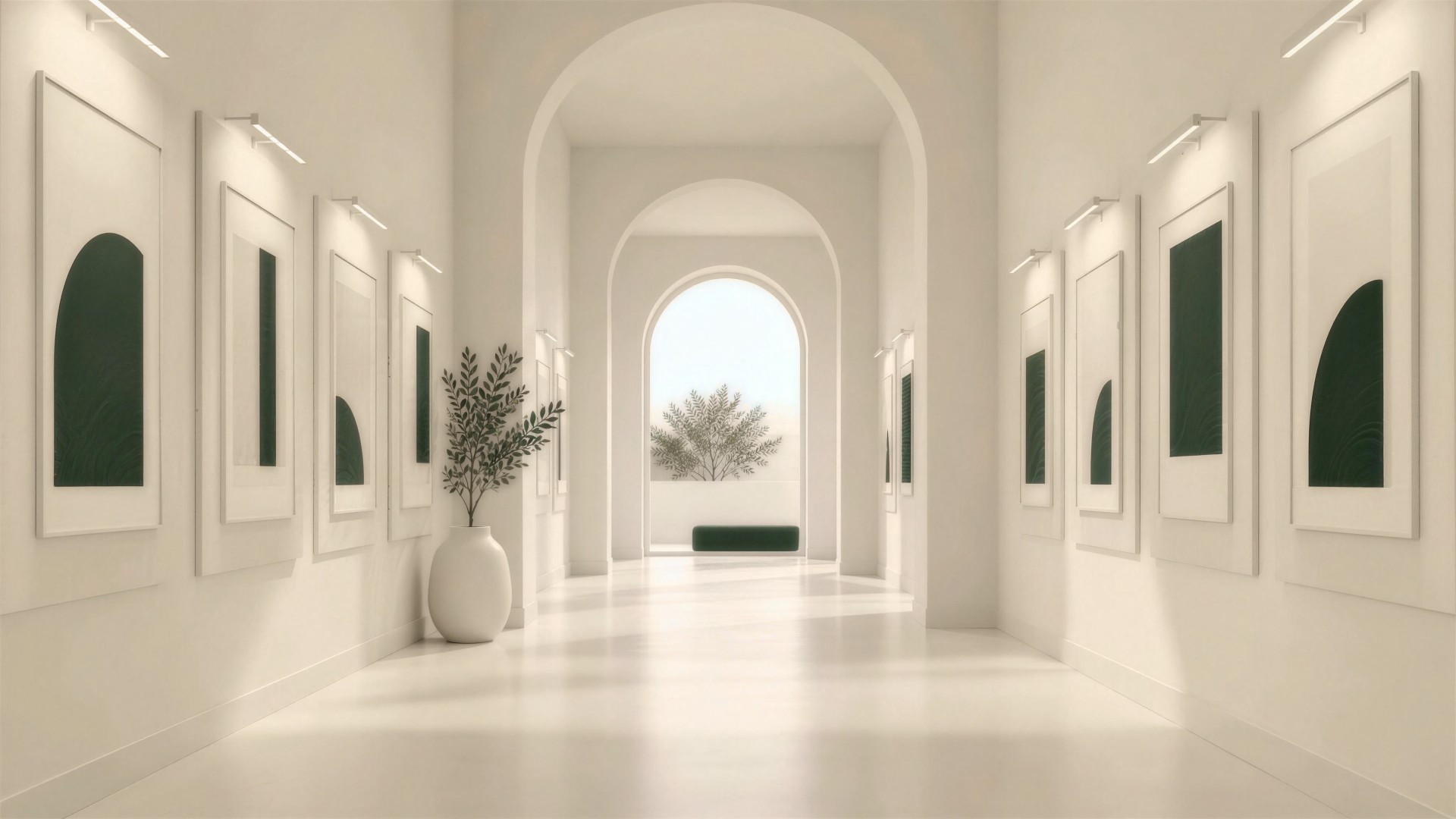 A long gallery corridor lined with framed green artworks under picture lights, arches receding toward a bright opening onto the garden.