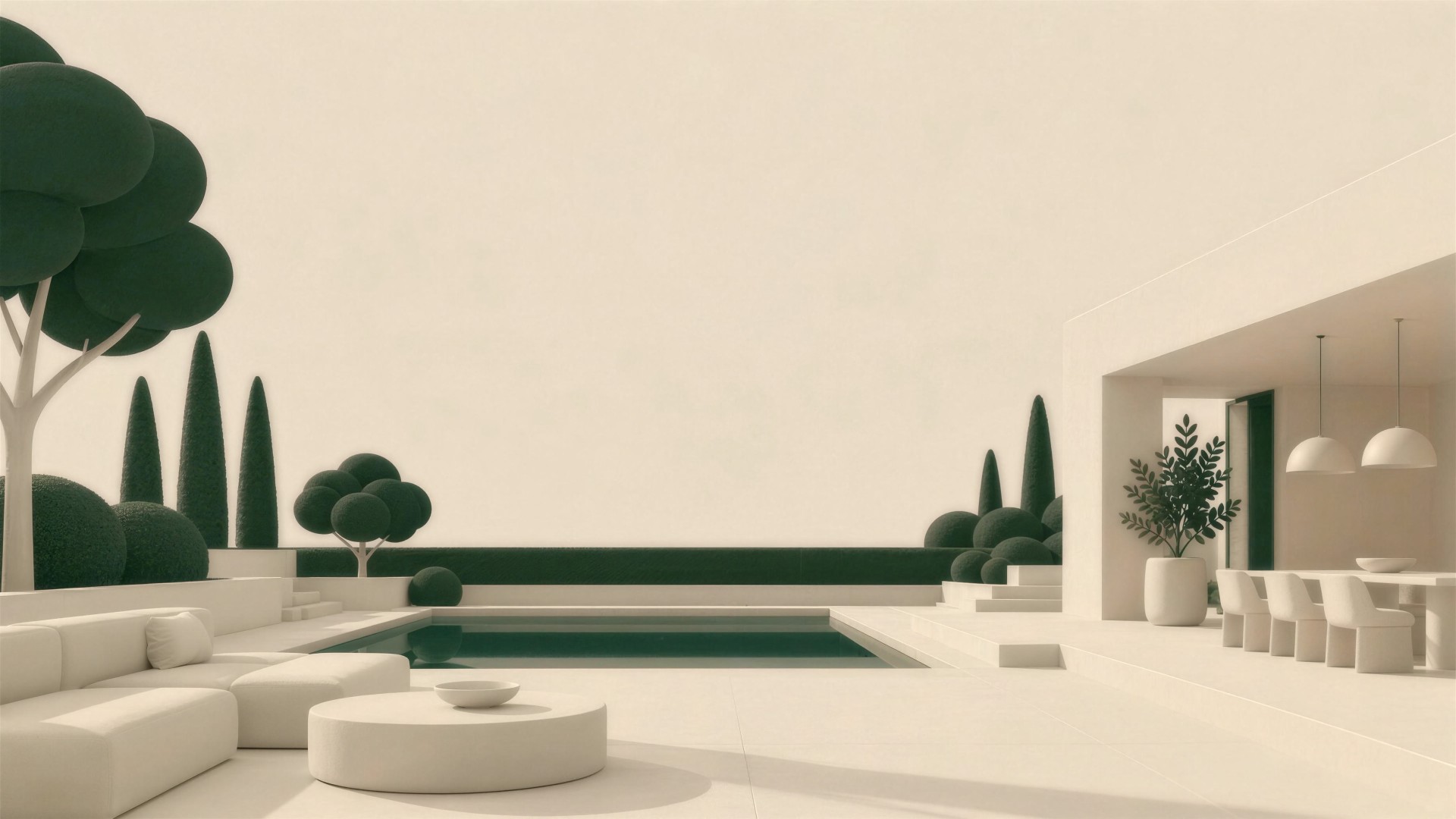 A calm garden terrace: a cream sofa beside a still green pool, clipped hedges and tall cypress trees against a pale sky.